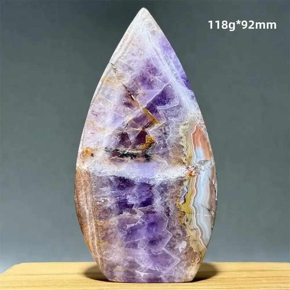 Polished Dream Amethyst torch freeform with deep purple hues and milky white quartz banding for intuition and calm.