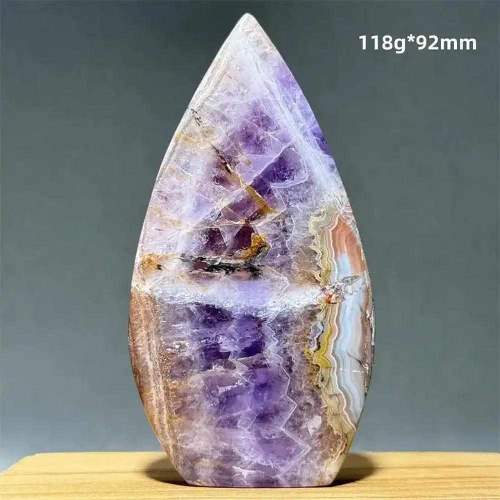 Polished Dream Amethyst torch freeform with deep purple hues and milky white quartz banding for intuition and calm.
