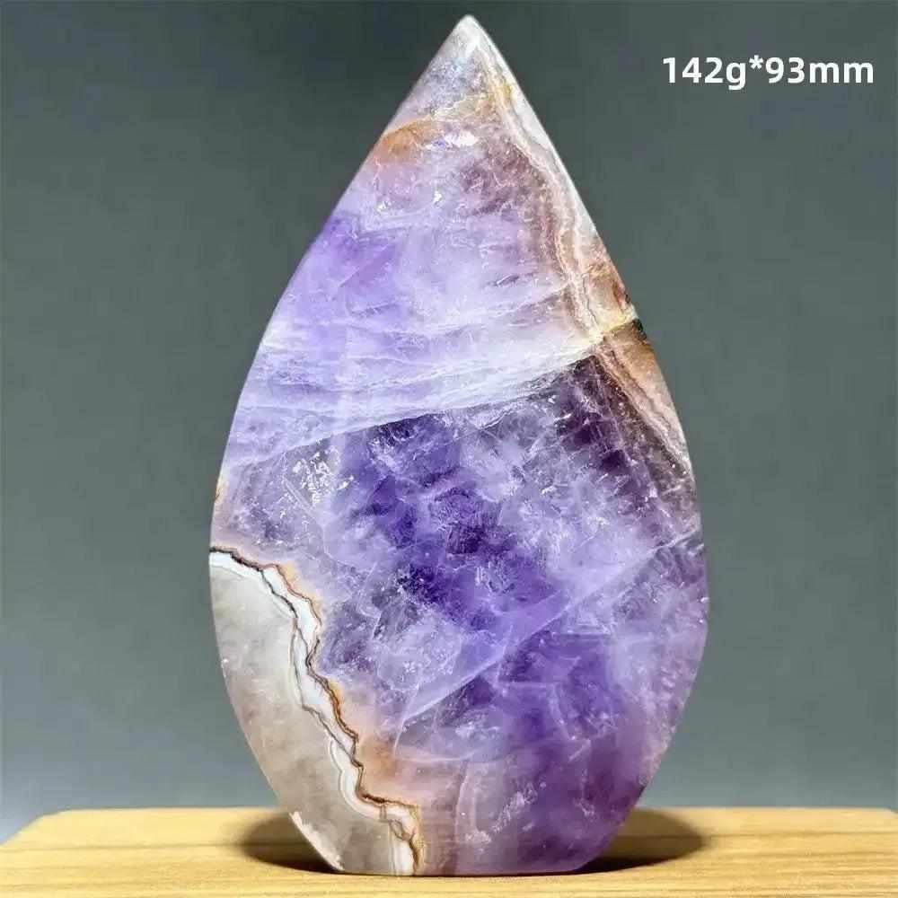 Polished Dream Amethyst torch freeform with deep purple and white quartz swirls for meditation and intuition.