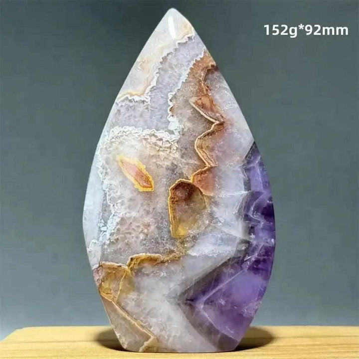 Polished Dream Amethyst torch freeform with deep purple and milky white quartz swirls for intuition and calm.