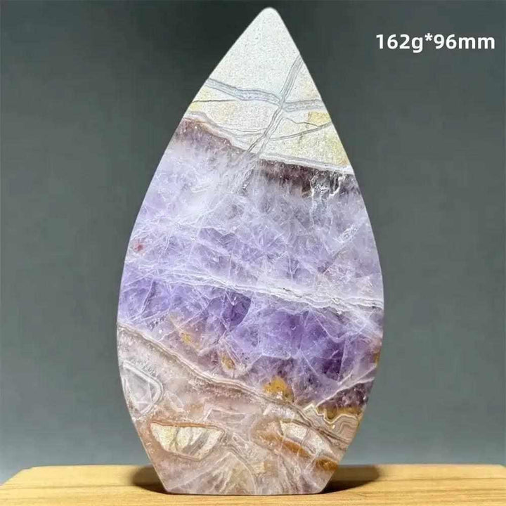 Polished Dream Amethyst torch freeform featuring deep purple and milky white quartz swirls for intuition and calm.