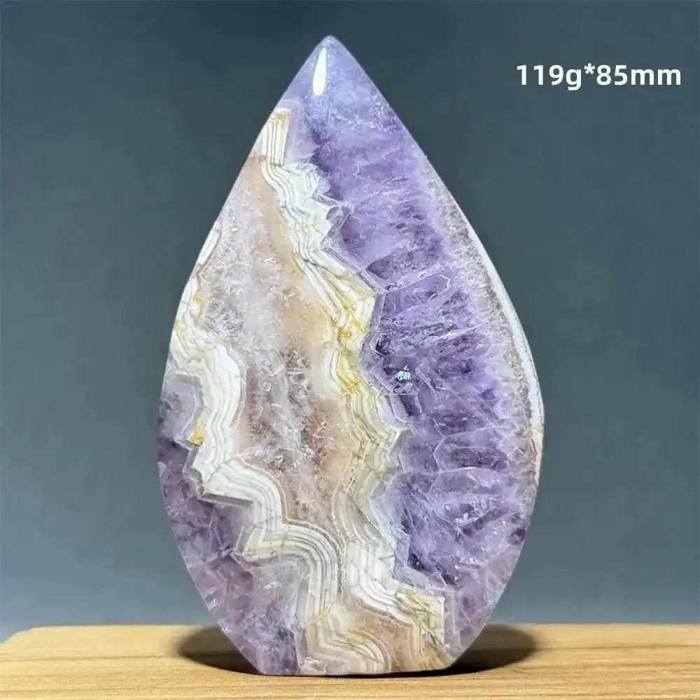 Polished Dream Amethyst torch freeform with deep purple crystals and milky white quartz banding for meditation and calm.