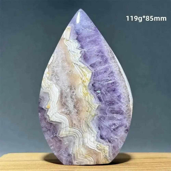 Polished Dream Amethyst torch freeform with deep purple crystals and milky white quartz banding for meditation and calm.