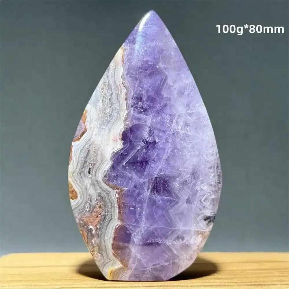 Polished Dream Amethyst torch freeform with deep purple hues and white quartz banding for intuition and calm.