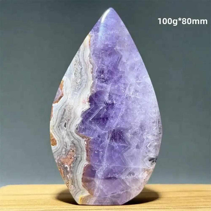 Polished Dream Amethyst torch freeform with deep purple hues and white quartz banding for intuition and calm.