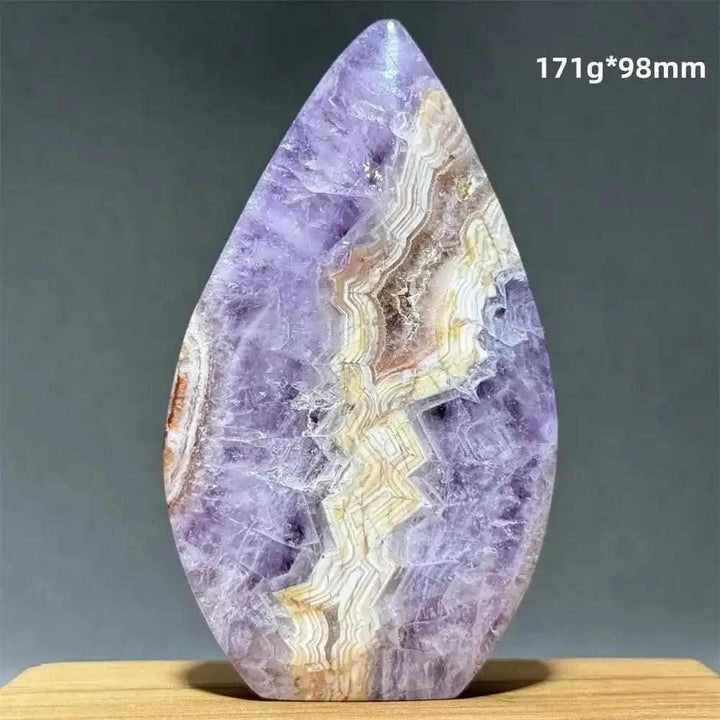 Polished Dream Amethyst torch freeform featuring deep purple hues and milky white quartz banding for intuitive calm.