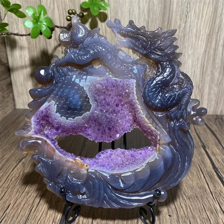 Druzy Amethyst Geode Dragon Carving | Hand Carved Crystal-Carvings-Ali-725g 193mm-Crystal Destiny