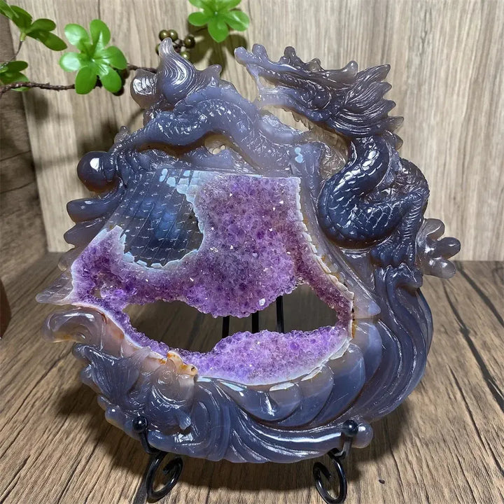 Druzy Amethyst Geode Dragon Carving | Hand Carved Crystal-Carvings-Ali-725g 193mm-Crystal Destiny