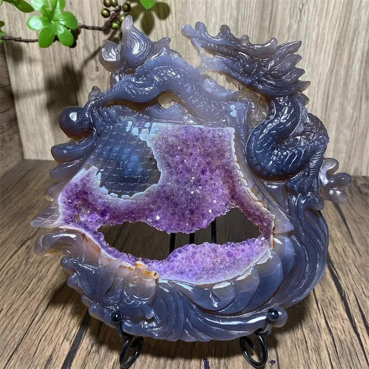 Druzy Amethyst Geode Dragon Carving | Hand Carved Crystal-Carvings-Ali-725g 193mm-Crystal Destiny