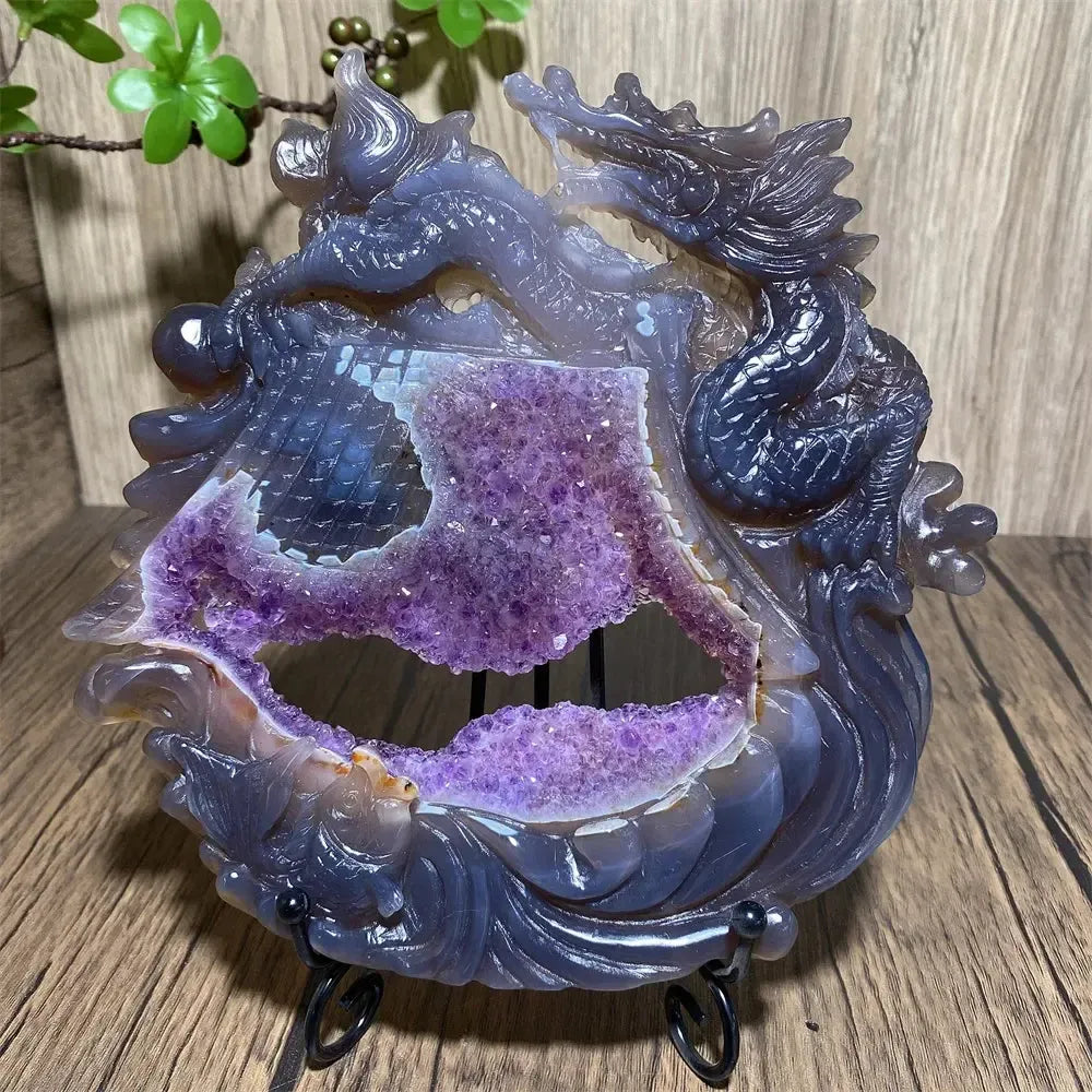 Druzy Amethyst Geode Dragon Carving | Hand Carved Crystal-Carvings-Ali-725g 193mm-Crystal Destiny
