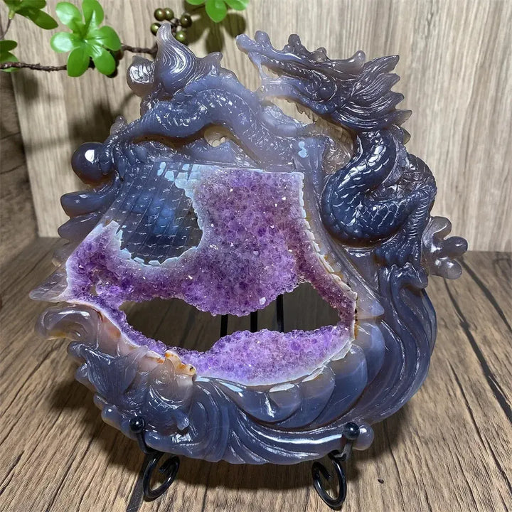 Druzy Amethyst Geode Dragon Carving | Hand Carved Crystal-Carvings-Ali-725g 193mm-Crystal Destiny