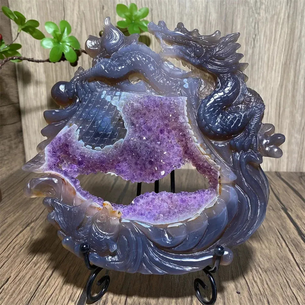 Druzy Amethyst Geode Dragon Carving | Hand Carved Crystal-Carvings-Ali-725g 193mm-Crystal Destiny