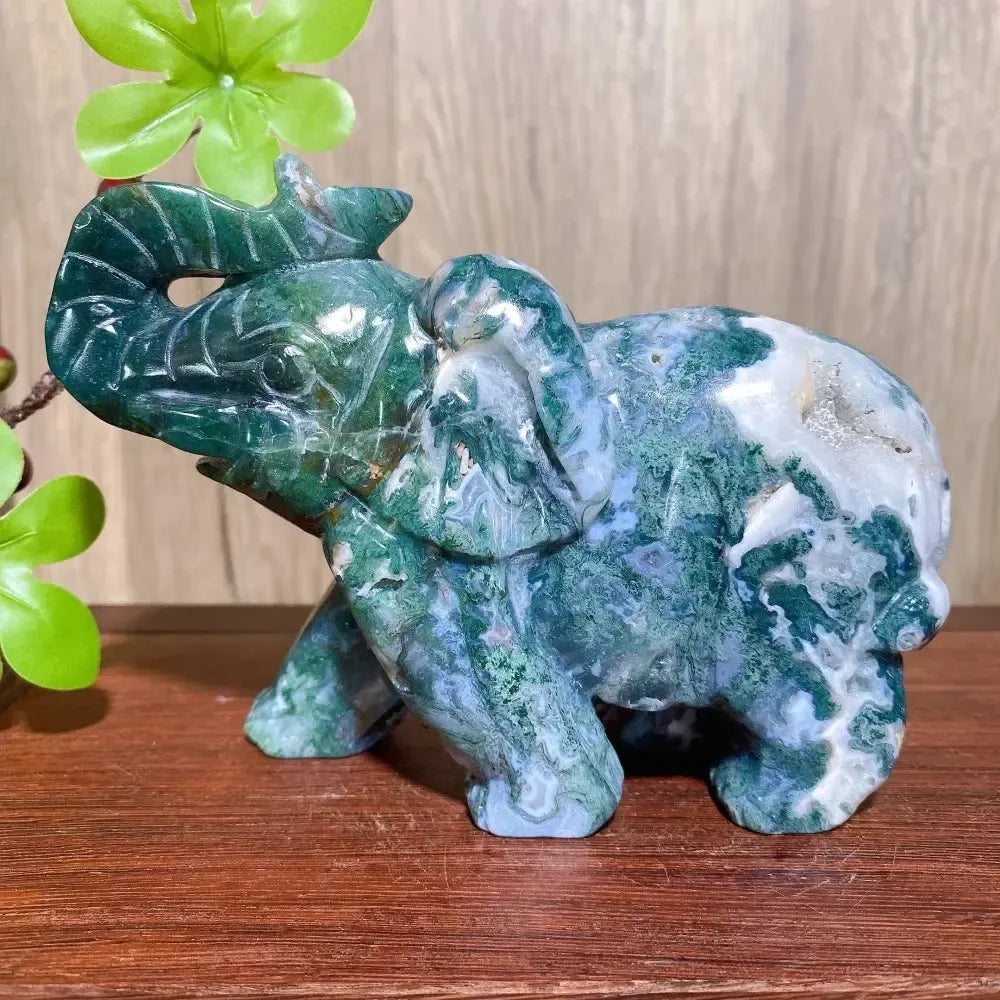 Druzy Moss Agate Elephant Carving | Hand Carved Crystal-Carvings-Ali-Moss Agate-789g 145mm-Crystal Destiny
