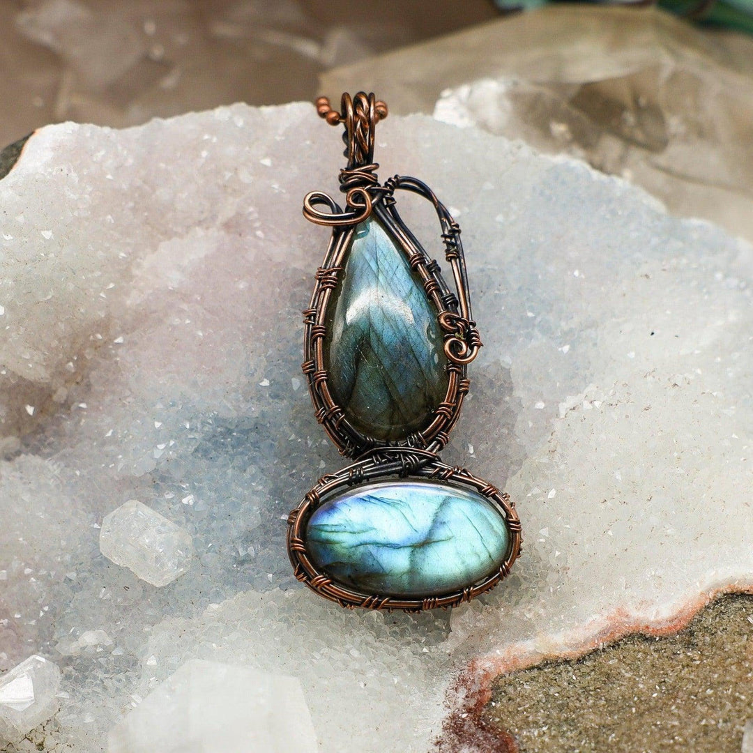 Captivating Dual Labradorite Wire Wrap Crystal Pendant with iridescent flash, crafted in healing copper.