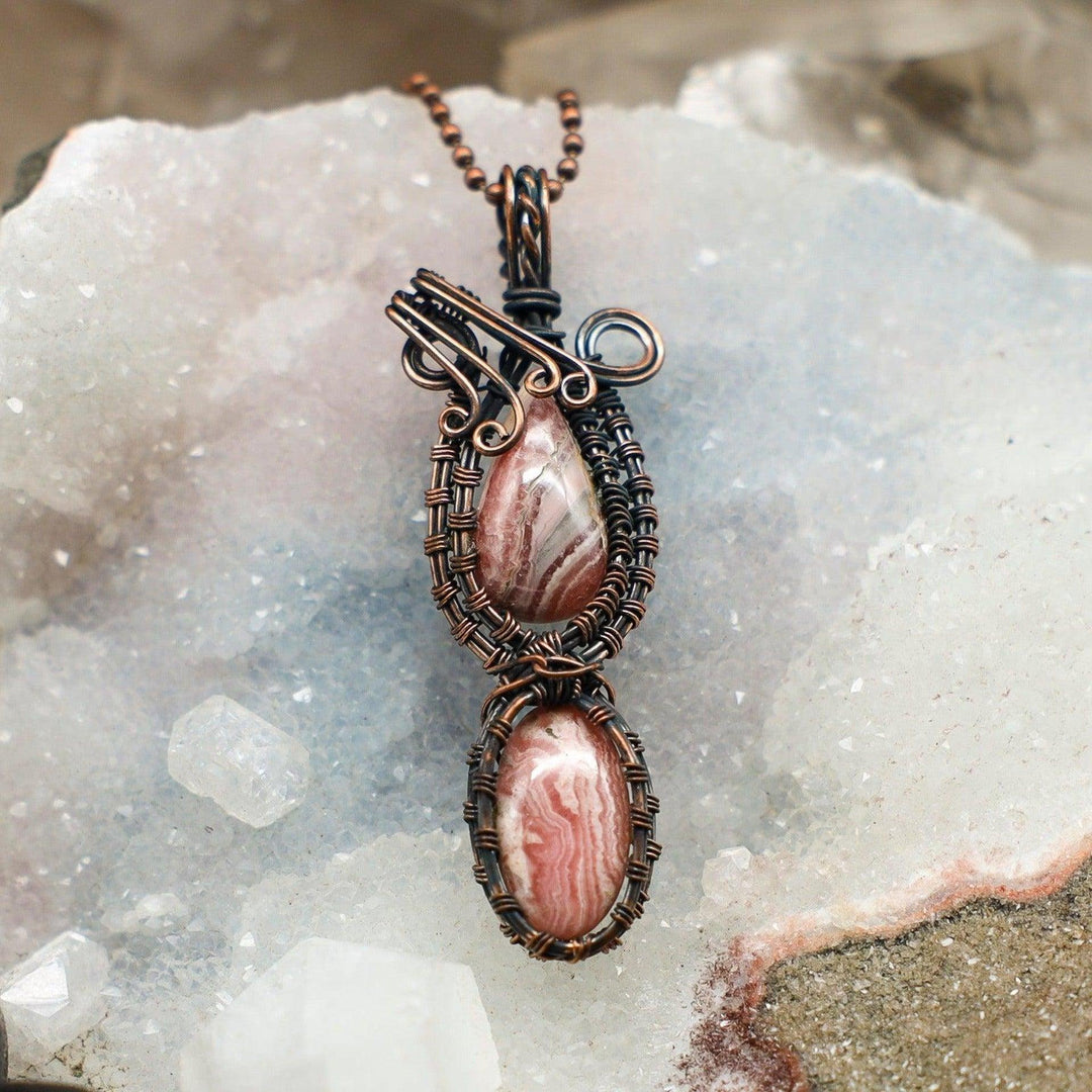 Dual Rhodochrosite Wire Wrap Pendant 3" with pink and cream banded stones in healing copper.