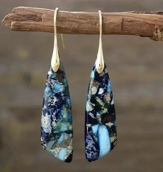 Empire Jasper Teardrop Earrings: Bohemian crystal drops with swirling blues, creams, and earthy tones, promoting grounding.