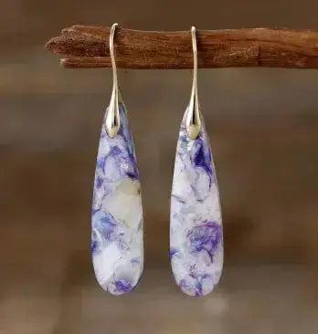 Empire Jasper Teardrop Earrings with Bohemian Crystal Drops. Warm, earthy terracotta, sage, cream, and rust patterns.