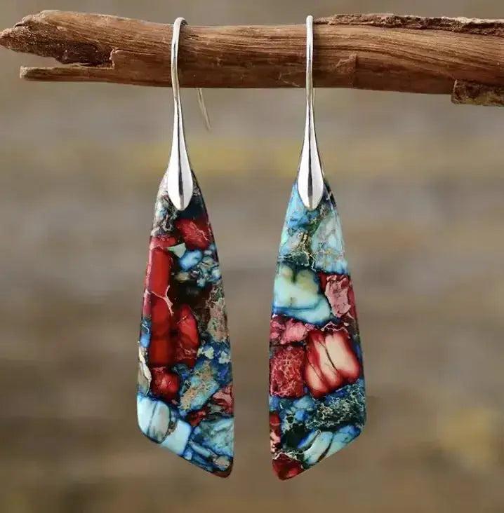 Empire Jasper Teardrop Earrings with unique swirling patterns of terracotta, sage, cream, and rust, promoting grounding.