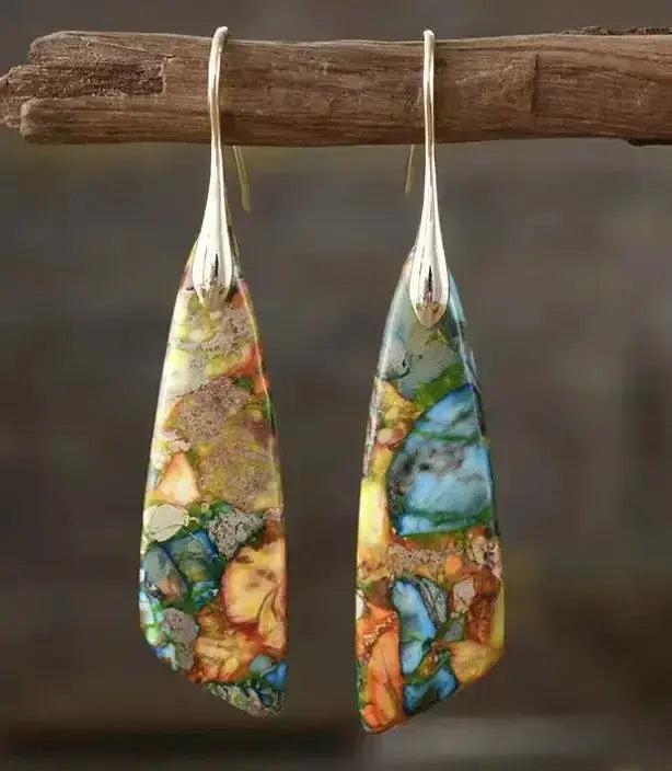 Empire Jasper Teardrop Earrings with unique terracotta, sage, cream, and rust patterns, promoting grounding.