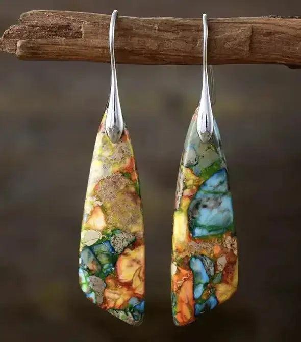 Empire Jasper Teardrop Earrings with unique swirling patterns of terracotta, sage, cream, and rust, on boho hooks.