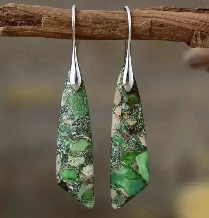 Empire Jasper Teardrop Earrings: Bohemian crystal drops with earthy green, cream, and rust patterns, promoting grounding.