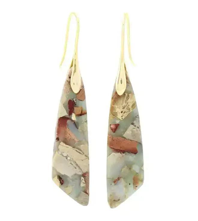 Empire Jasper Teardrop Earrings with earthy terracotta, sage, cream, and rust patterns, set in boho-style gold hooks.
