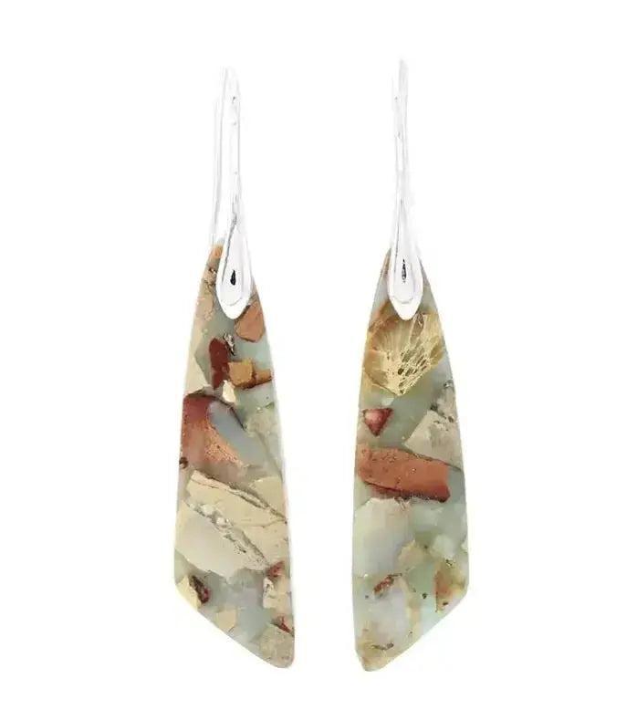 Empire Jasper Teardrop Earrings: Bohemian crystal drops with earthy terracotta, sage, cream, and rust patterns for grounding.