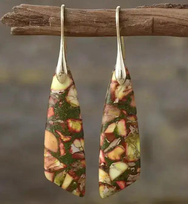 Empire Jasper Teardrop Earrings with earthy terracotta, sage, cream, and rust patterns, set in bohemian-style hooks.