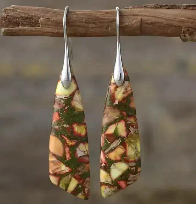 Empire Jasper Teardrop Earrings with earthy terracotta, sage, cream, and rust patterns, grounding Root & Sacral Chakra.
