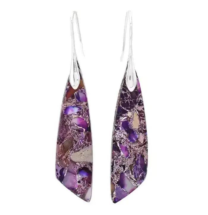 Empire Jasper Teardrop Earrings with Bohemian Crystal Drops. Unique purple, cream, and rust jasper stones for grounding.