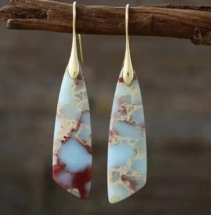 Empire Jasper Teardrop Earrings with earthy terracotta, sage, cream, and rust patterns, grounding Root Chakra.