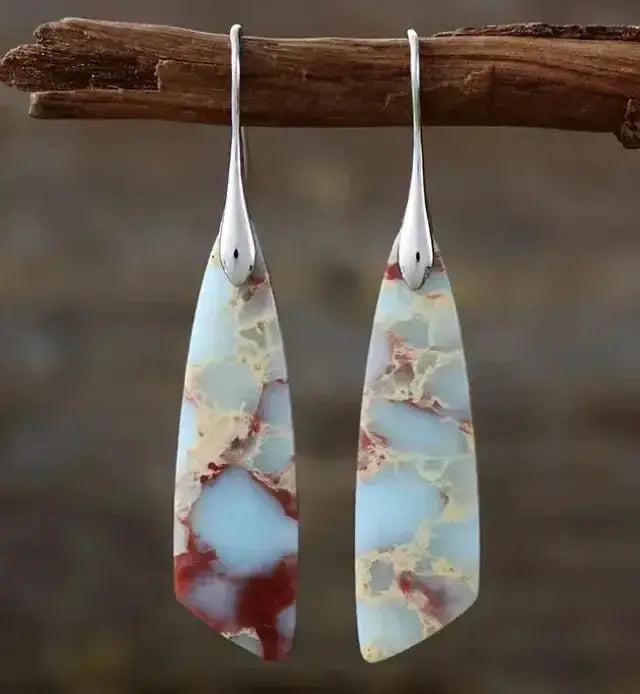 Empire Jasper Teardrop Earrings: Bohemian crystal drops with warm terracotta, sage, cream, and rust patterns for grounding.