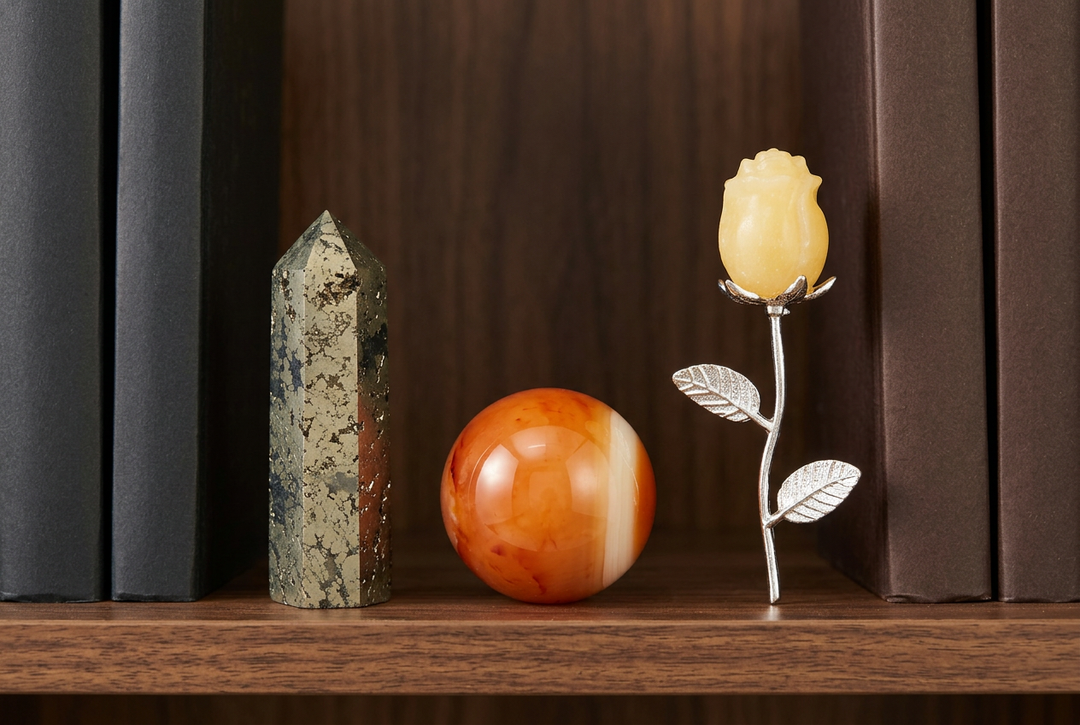Energy & Vitality crystal set: Pyrite, Carnelian and Yellow Calcite on a bookshelf