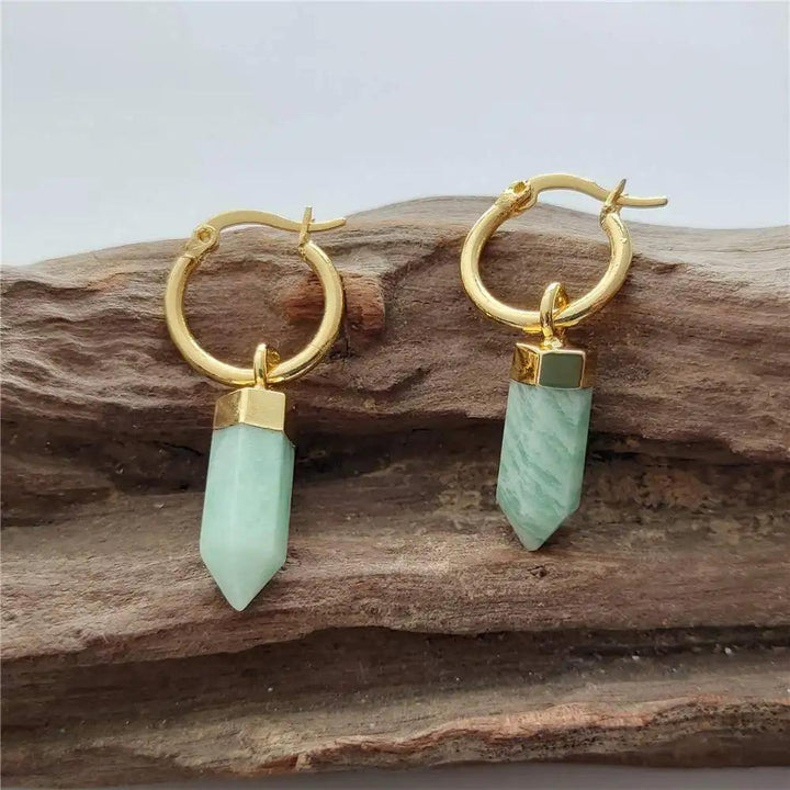 FUWO Natural Amazonite Point Earrings: Golden plated hoops with faceted green amazonite stone drops, perfect for women.