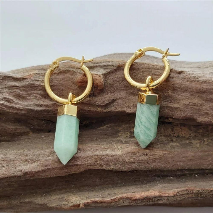 FUWO Natural Amazonite Point Earrings: Golden plated hoops with faceted green amazonite stone drops, perfect for women.