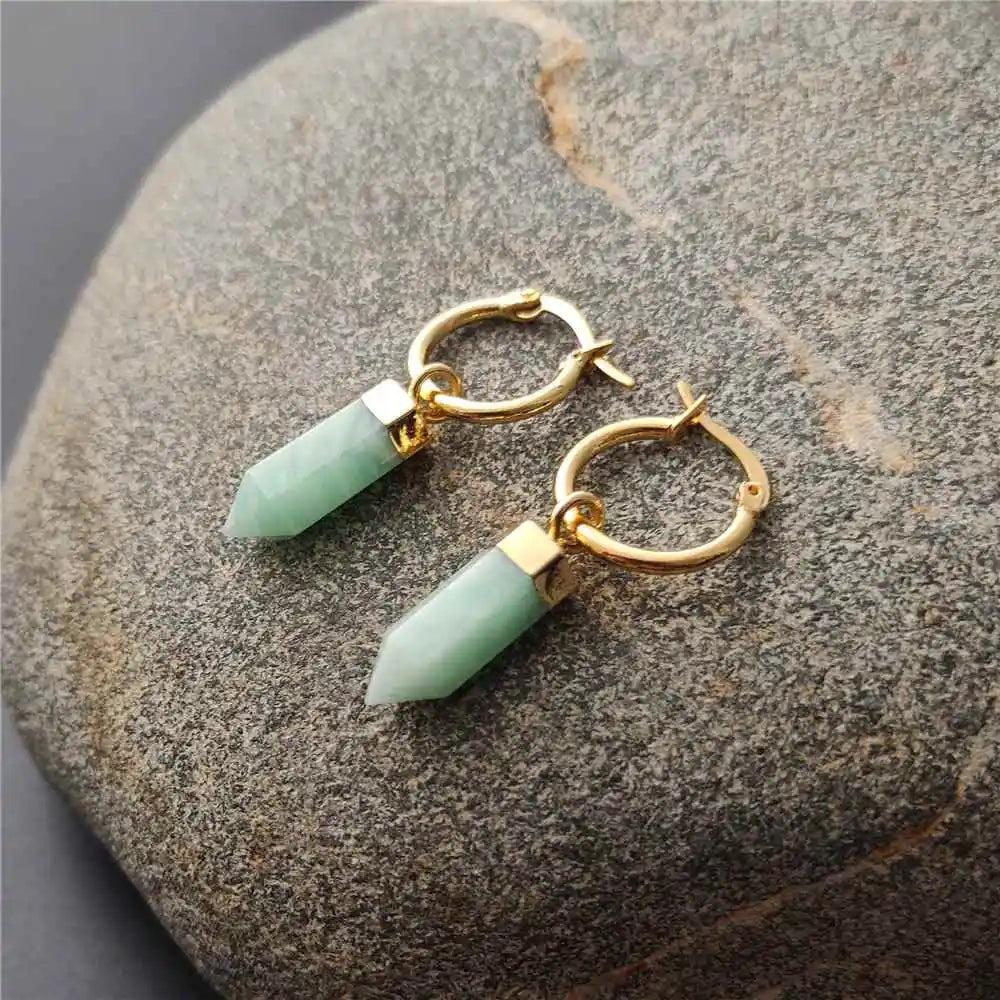 FUWO Natural Amazonite Point Earrings: Golden plated hoops with faceted green amazonite stone drops, perfect for women.