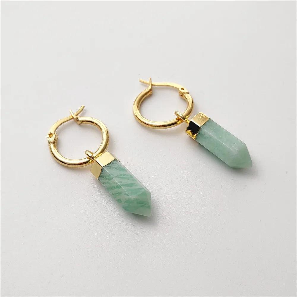 FUWO Natural Amazonite Point Earrings: Golden plated hoops with faceted green amazonite crystal drops for women.
