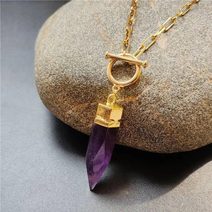Natural Amethyst crystal spike pendant necklace with a gold-tone OT buckle chain, perfect for women.