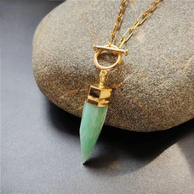 Natural green crystal quartz spike necklace with a gold OT buckle and vintage chain.