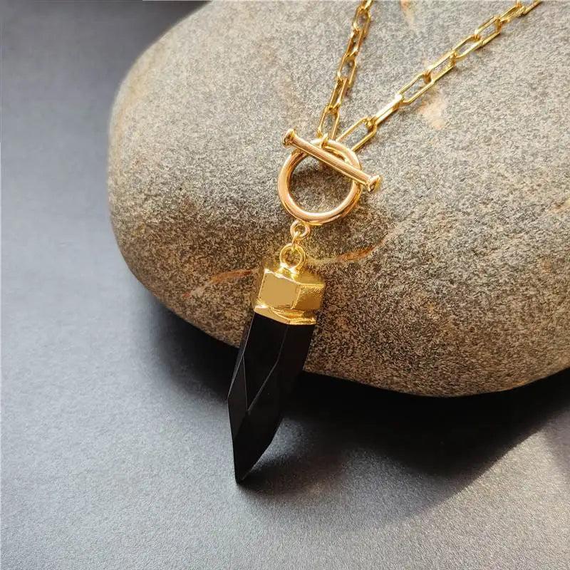FUWO Natural Crystal Quartz Spike Necklace with a black stone point pendant and gold OT buckle vintage chain.