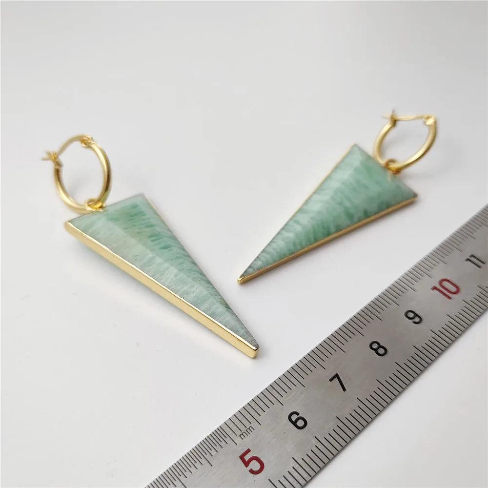 FUWO Carved Triangle Amazonite Earrings: Gold-plated hoops with natural green crystal, perfect for office/career style.