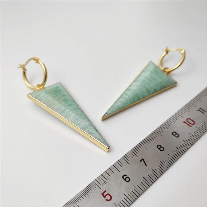 FUWO Carved Triangle Amazonite Earrings: Gold-plated hoops with natural green crystal, perfect for office/career style.