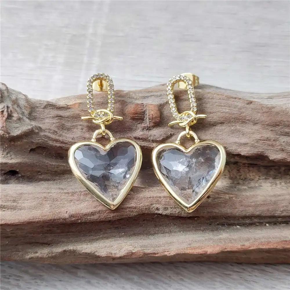 FUWO Handcraft Natural Clear Quartz Heart Shaped Faceted Crystal Earrings with gold-tone accents and cubic zirconia.