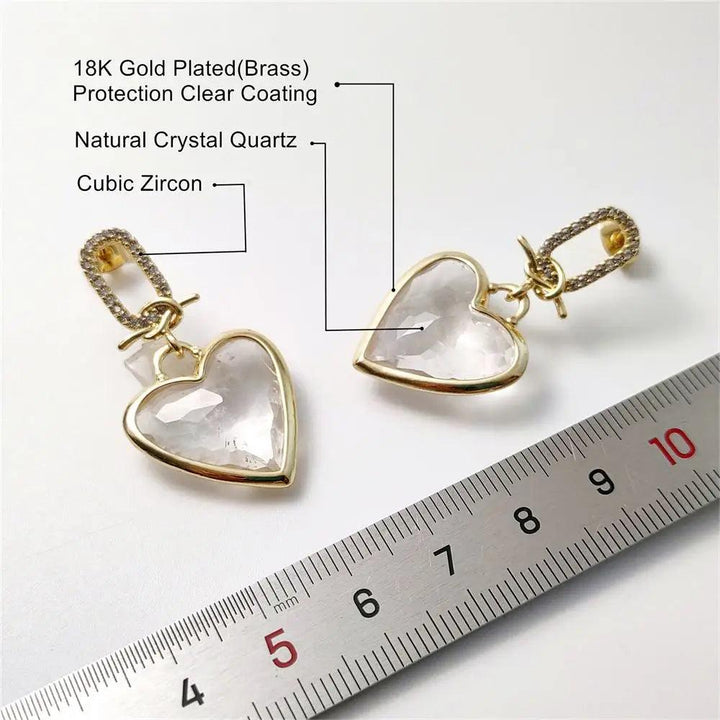 FUWO Handcraft Natural Clear Quartz Heart Shaped Faceted Crystal Earrings with 18K Gold Plated Brass and Cubic Zircon.