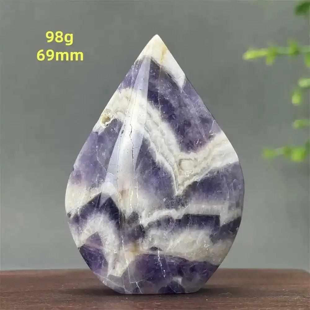 Fantasy Amethyst torch freeform featuring layered purple and white quartz for intuition, standing 69mm tall and 98g.