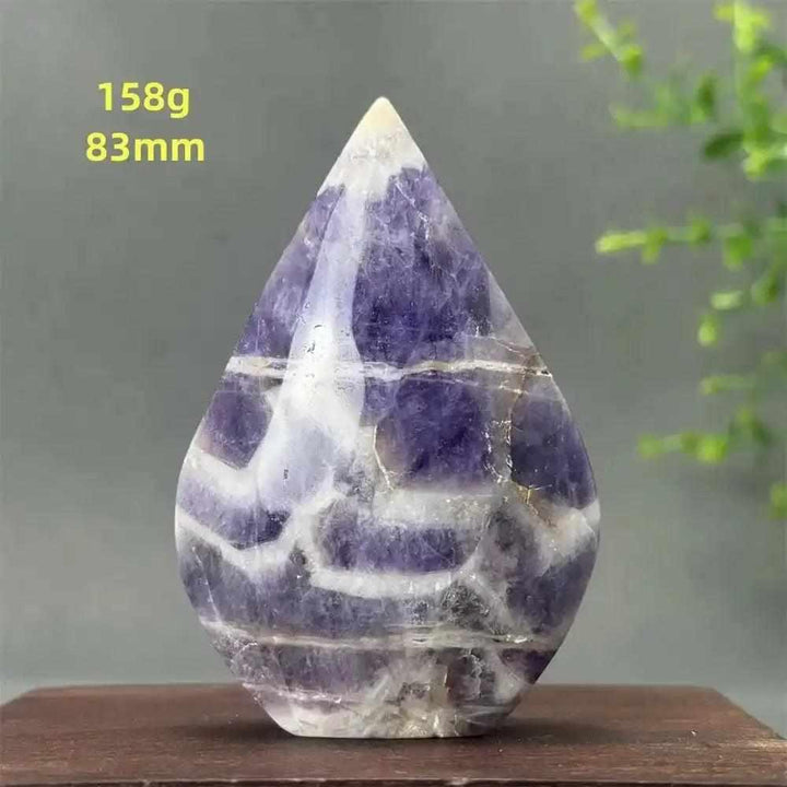 Polished Fantasy Amethyst torch freeform featuring layered purple and white quartz for calm, intuition, and chakra healing.