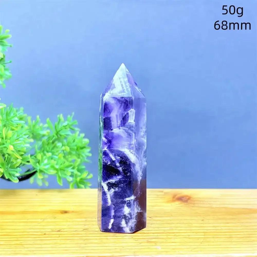 Fantasy Amethyst tower with purple and white quartz layers, a 68mm faceted point for meditation and Crown chakra healing.