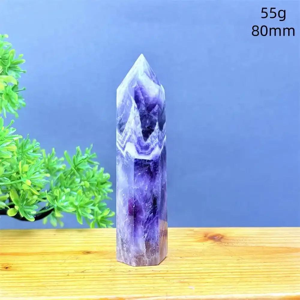 Fantasy Amethyst tower featuring layered purple and white quartz, a polished 80mm point for meditation and calm energy.