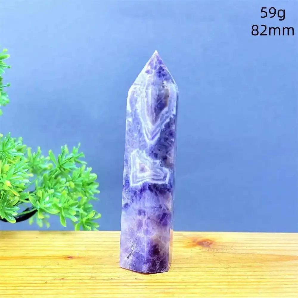 Fantasy Amethyst tower with layered purple and white quartz, 82mm tall, perfect for meditation and Third Eye chakra healing.