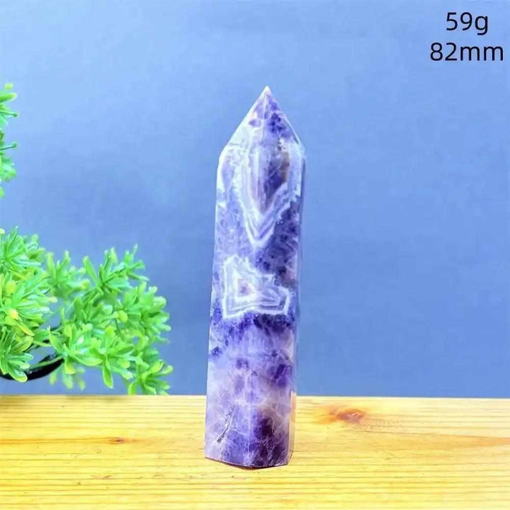 Fantasy Amethyst tower with layered purple and white quartz, 82mm tall, perfect for meditation and Third Eye chakra healing.